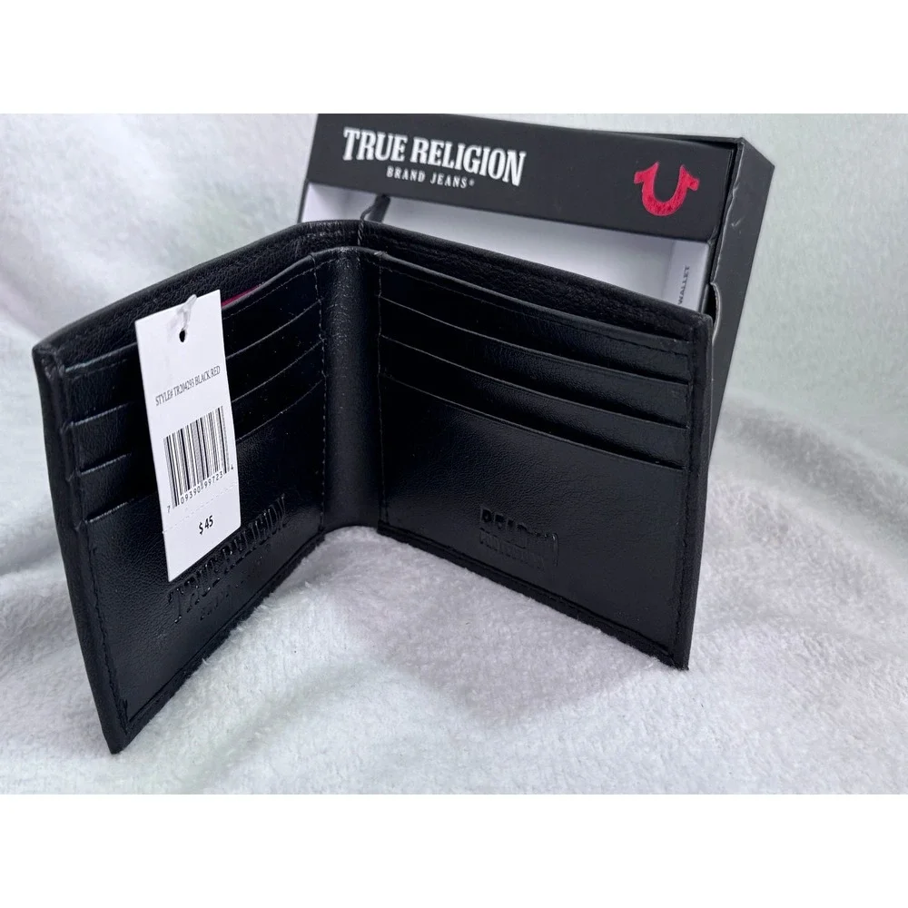 True Religion Black Leather Bifold Wallet Horseshoe Logo w/ Box NWT